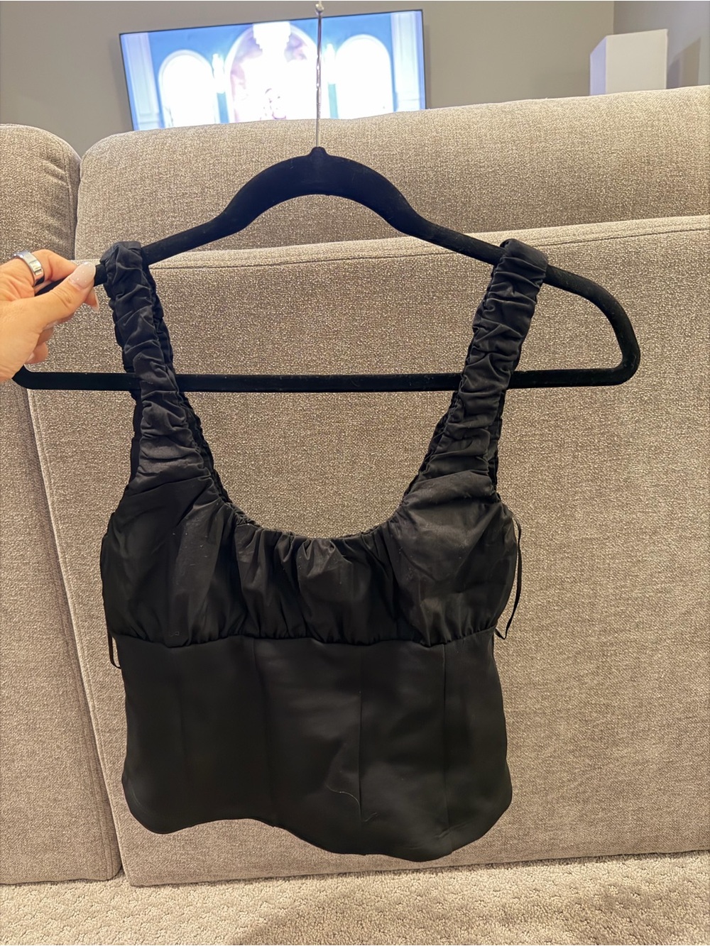 Zara Black Ruched Strap Satin Tank Top